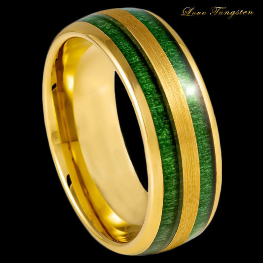 Green Jade Wood Inlay & Yellow Gold IP Tungsten Ring - 8mm - Love Tungsten