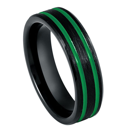 Green Pinstripes Lines Black Ice Finish IP Plated Tungsten Ring - 6mm - Love Tungsten