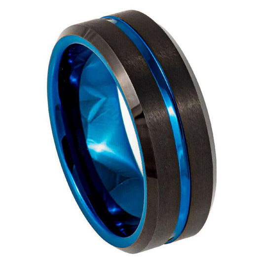 Grooved Center & Blue IP Plated Inside Brushed Black IP Tungsten Ring - 8mm - Love Tungsten