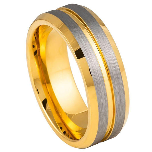 Grooved Center Yellow Gold IP Tungsten Ring - 8mm - Love Tungsten