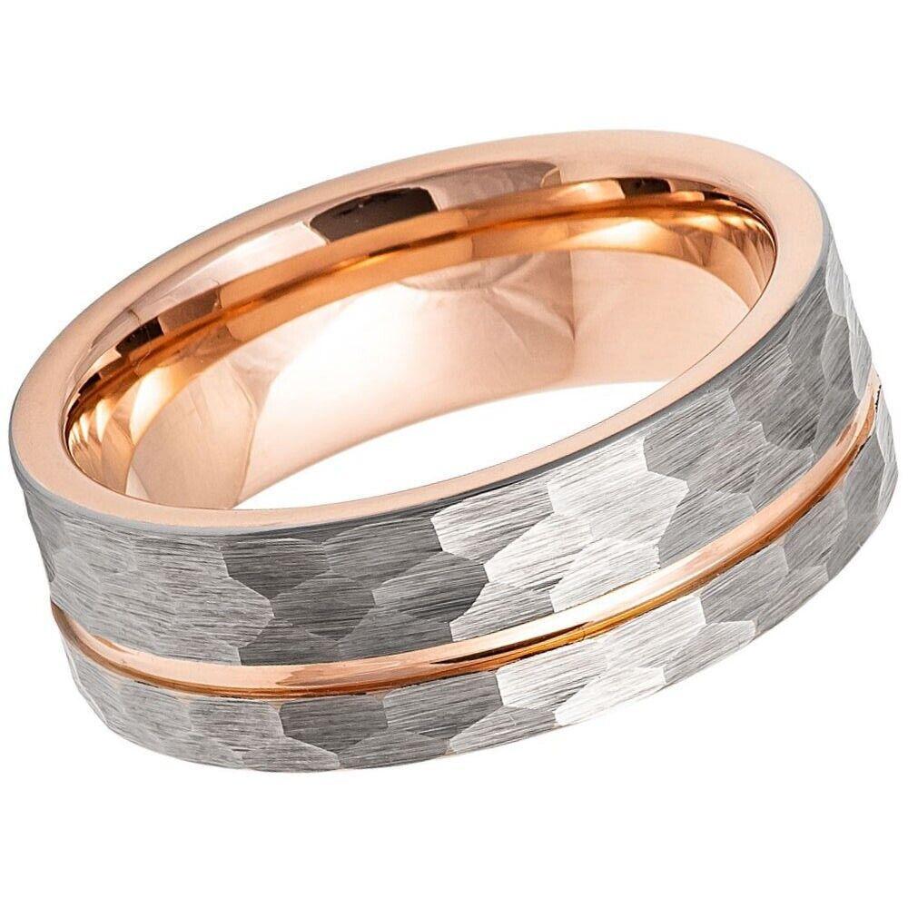 Grooved Hammered Tungsten Ring | Rose Gold IP Plated Inside - 8mm - Love Tungsten