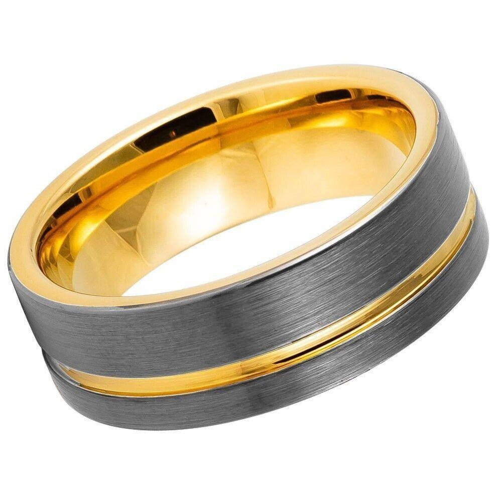 Gun Metal IP Off Center Yellow Gold Plated Tungsten Ring - 8mm - Love Tungsten