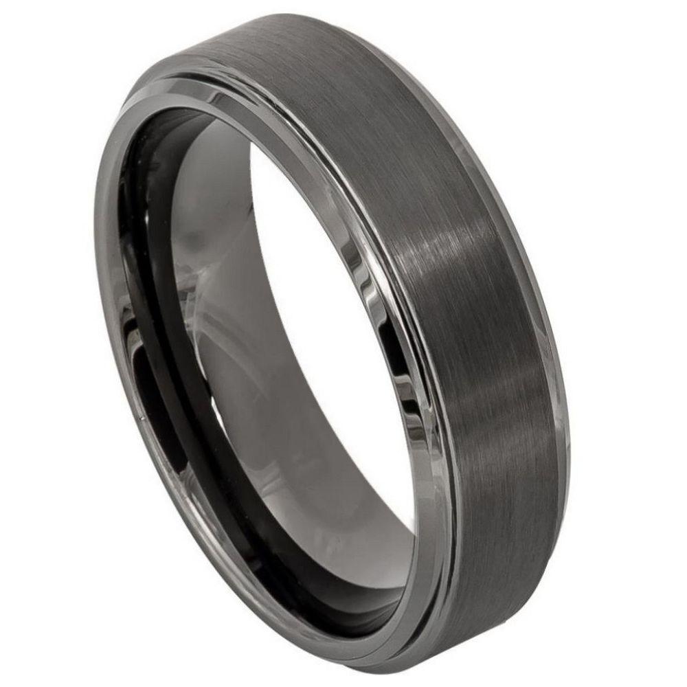 Gun Metal IP Plated Brushed Center High Polish Stepped Tungsten Ring – 6 mm - Love Tungsten