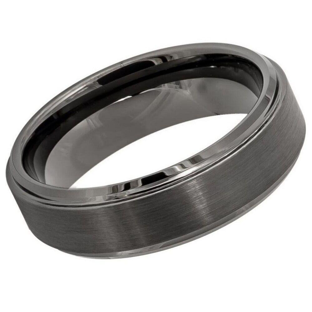 Gun Metal IP Plated Brushed Center High Polish Stepped Tungsten Ring – 6 mm - Love Tungsten