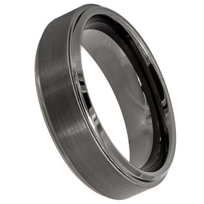 Gun Metal IP Plated Brushed Center High Polish Stepped Tungsten Ring – 6 mm - Love Tungsten