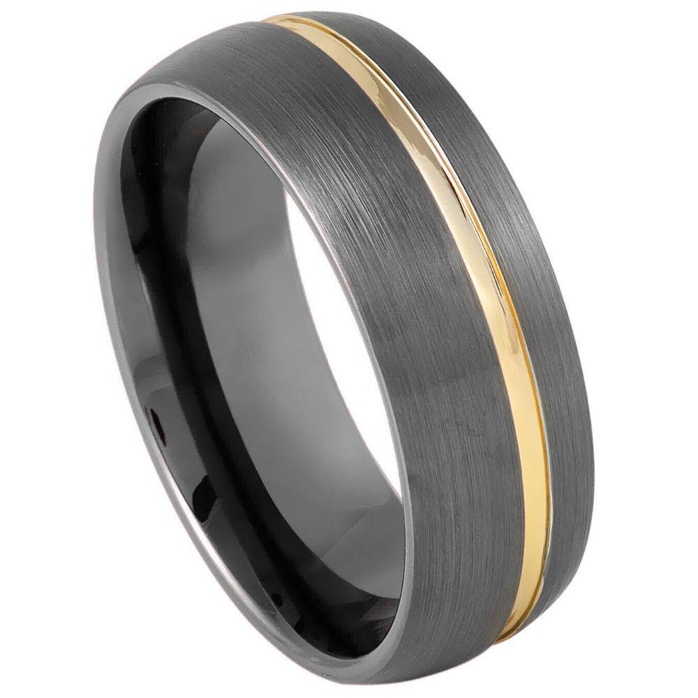 Gun Metal IP Plated Brushed Domed Tungsten Ring with Off-Center Yellow IP Strip - 8mm - Love Tungsten