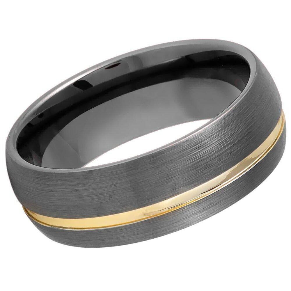 Gun Metal IP Plated Brushed Domed Tungsten Ring with Off-Center Yellow IP Strip - 8mm - Love Tungsten
