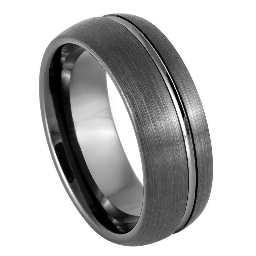 Gun Metal IP Plated Domed Brushed Groove Tungsten Ring - 8mm - Love Tungsten