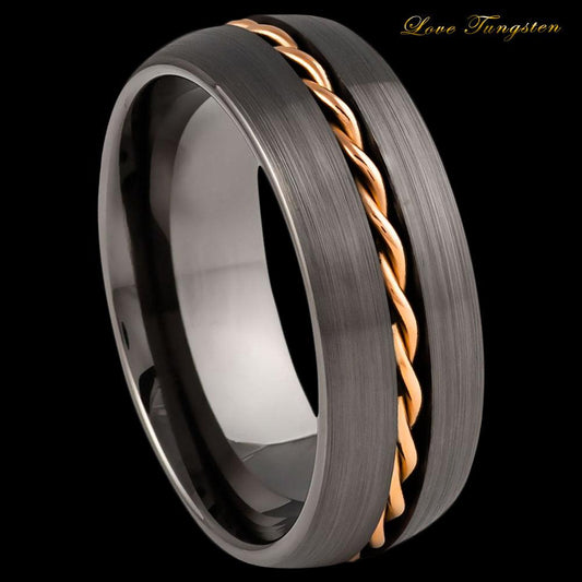 Gun Metal Rose Gold Rope Inlay Tungsten Ring - 8mm - Love Tungsten