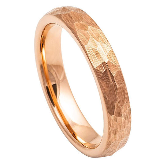 Hammered Brushed Domed Rose Gold IP Plated Tungsten Ring – 4 mm - Love Tungsten