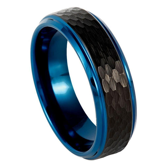 Hammered Center Black IP Stepped Edge Blue IP Tungsten Ring - 6mm - Love Tungsten