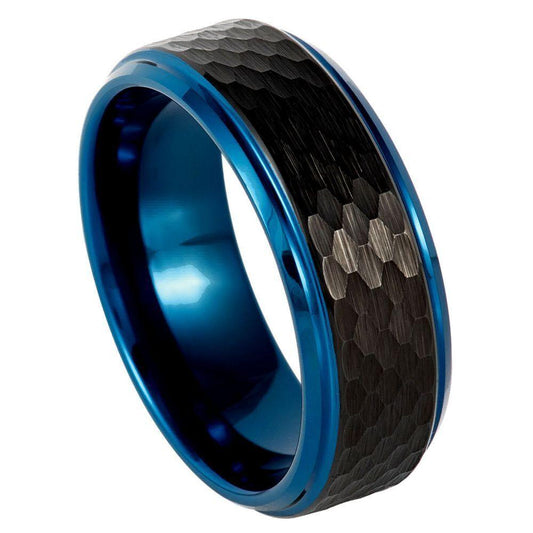 Hammered Center Black IP Stepped Edge Blue IP Tungsten Ring - 8mm - Love Tungsten