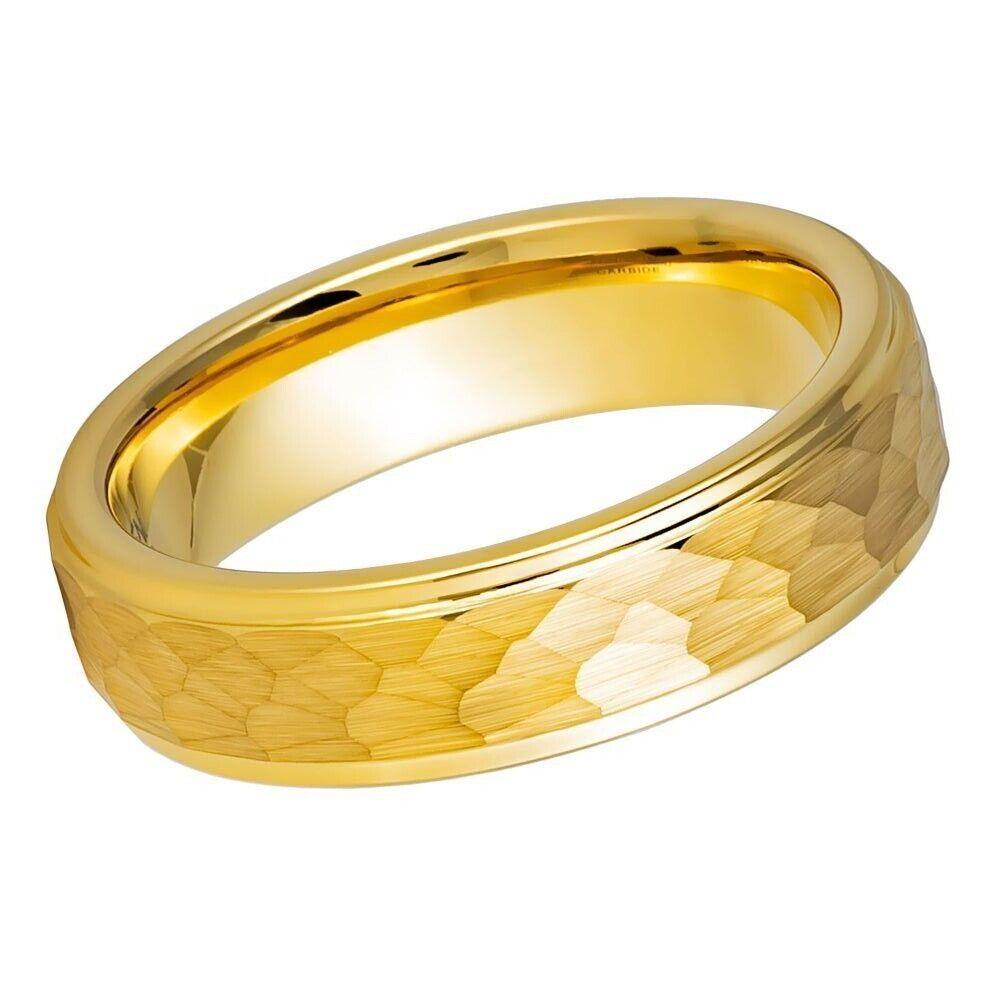 Hammered Center Yellow IP Plated Tungsten Ring - 6mm - Love Tungsten