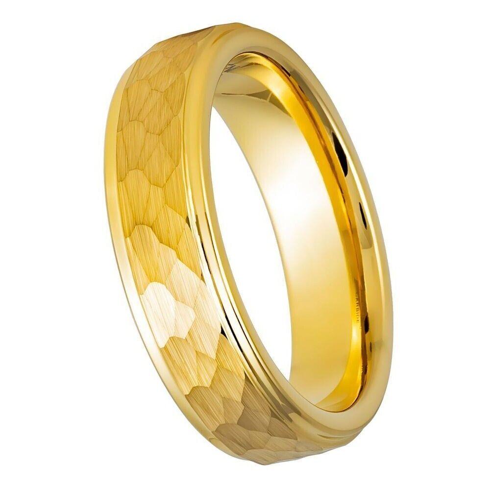 Hammered Center Yellow IP Plated Tungsten Ring - 6mm - Love Tungsten