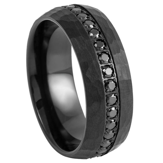 Hammered Eternity Black CZ Round-Cut Prong-Set Black IP Tungsten Ring - 8mm - Love Tungsten