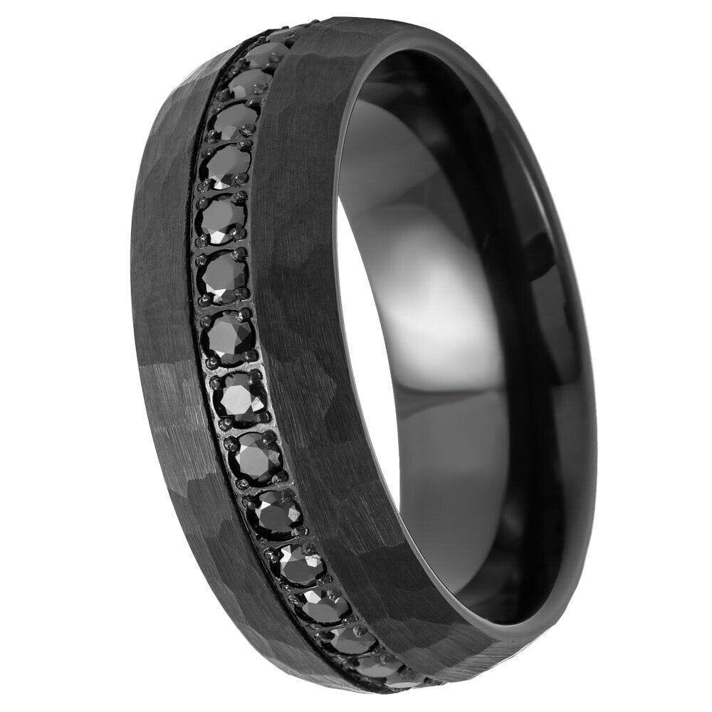 Hammered Eternity Black CZ Round-Cut Prong-Set Black IP Tungsten Ring - 8mm - Love Tungsten