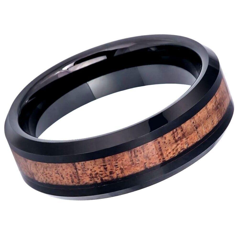 Hawaiian Koa Wood Inlay, Beveled Edge with Black IP Plated Tungsten Ring – 6 mm - Love Tungsten