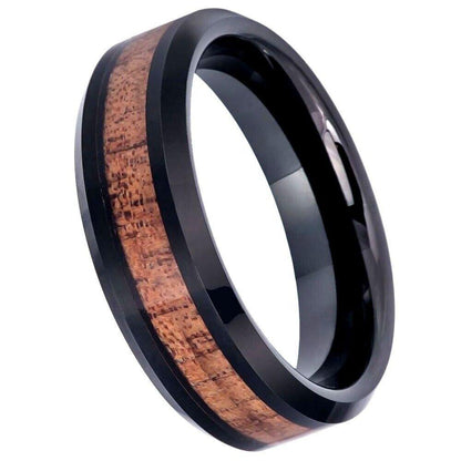 Hawaiian Koa Wood Inlay, Beveled Edge with Black IP Plated Tungsten Ring – 6 mm - Love Tungsten