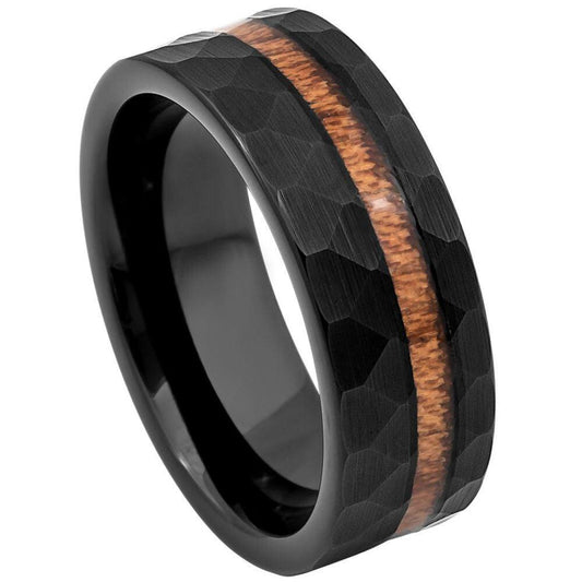 Hawaiian Koa Wood Inlay Hammered Black IP Tungsten Ring - 8mm - Love Tungsten