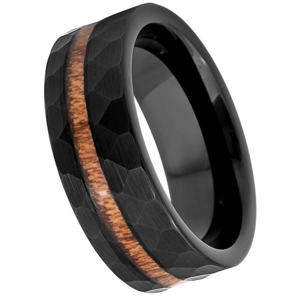 Hawaiian Koa Wood Inlay Hammered Black IP Tungsten Ring - 8mm - Love Tungsten