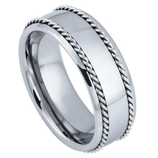 High Polished Semi-Domed with Rope Stainless Steel Inlaid Tungsten Ring – 8 mm - Love Tungsten