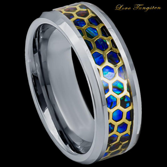 Honeycomb Cut-out Abalone Inlay Tungsten Ring - 8mm - Love Tungsten