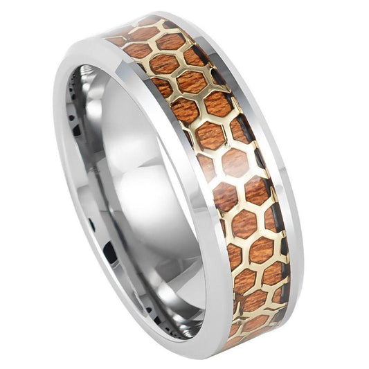 Honeycomb Cut-out Rosewood Inlay Tungsten Ring - 8mm - Love Tungsten