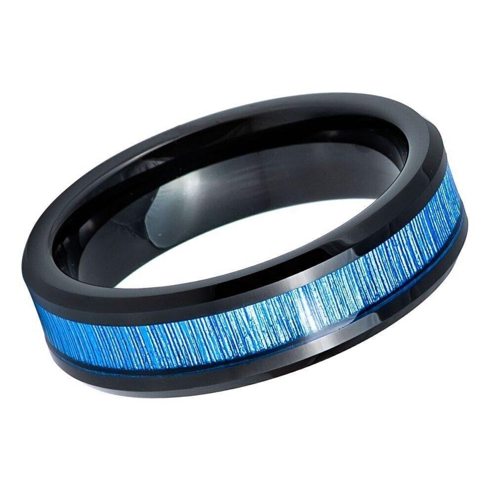 Imitation Bamboo Grain Fiber Inlay Black IP Plated Tungsten Ring - 6mm - Love Tungsten