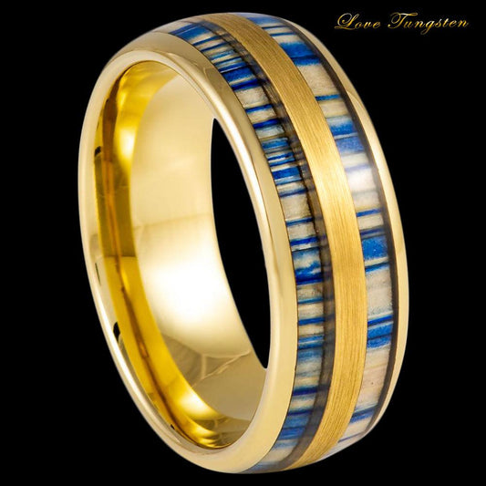 Indigo Blue Dyed Bamboo Inlay Yellow Gold IP Tungsten Ring - 8mm - Love Tungsten