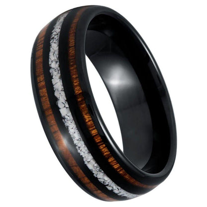 Koa & White Turquoise Inlay Black IP Tungsten Ring - 8mm - Love Tungsten