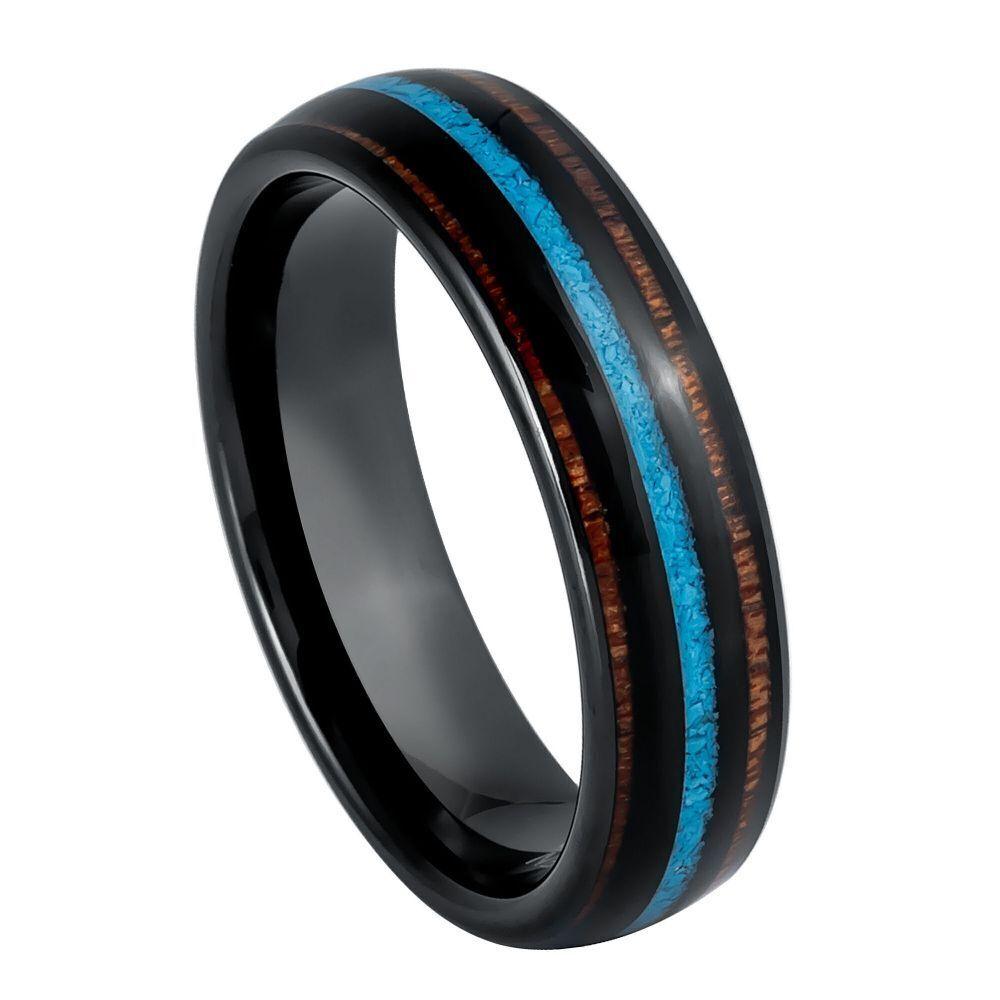 Koa Wood & Crushed Turquoise Inlay Black IP Tungsten Ring - 6mm - Love Tungsten