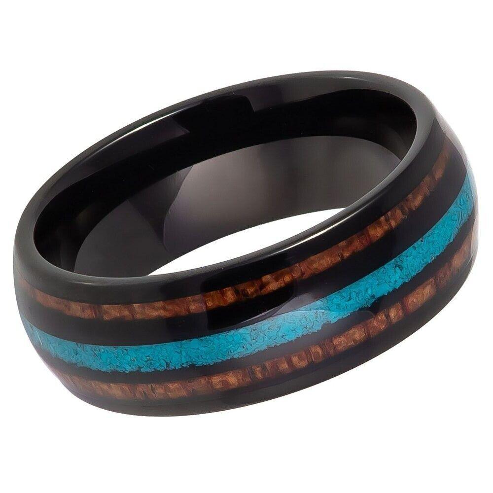 Koa Wood & Crushed Turquoise Inlay Black IP Tungsten Ring - 8mm - Love Tungsten