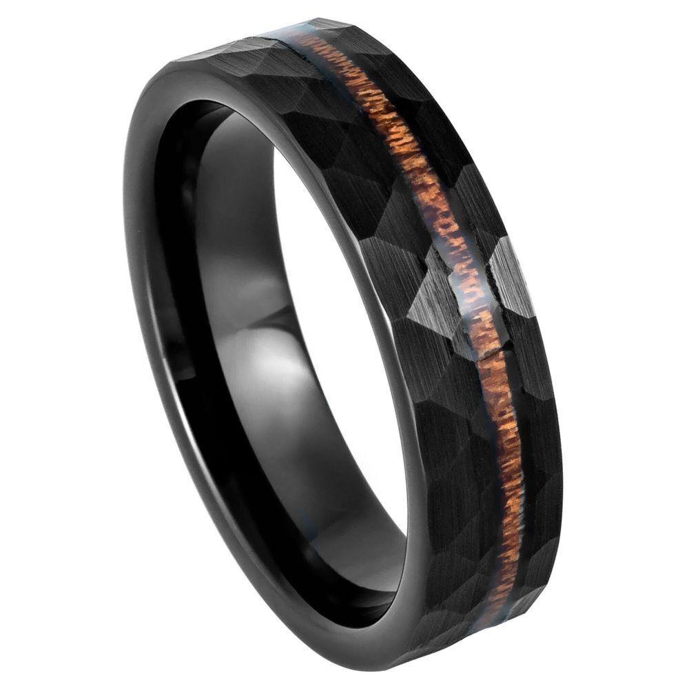 Koa Wood Inlay Hammered Black IP Tungsten Ring - 6mm - Love Tungsten