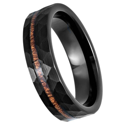 Koa Wood Inlay Hammered Black IP Tungsten Ring - 6mm - Love Tungsten