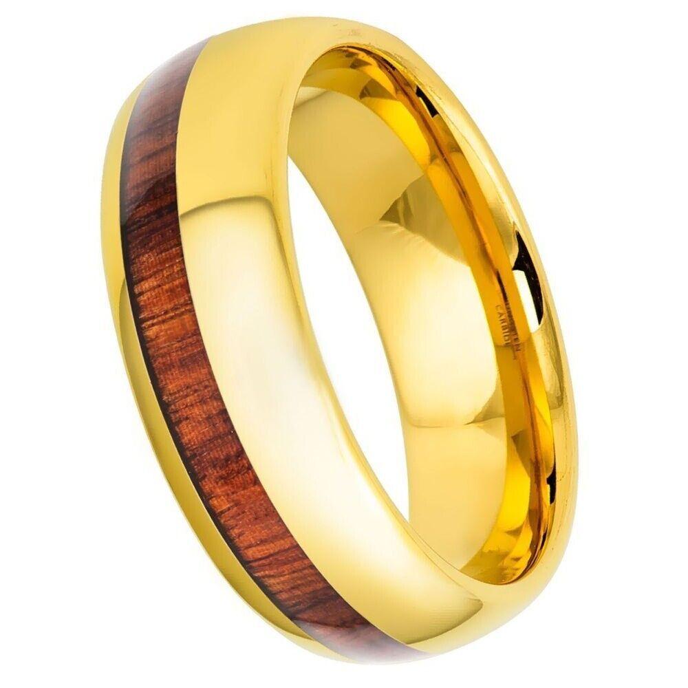 Koa Wood Inlay Yellow Gold IP Plated Tungsten Ring - 8mm - Love Tungsten