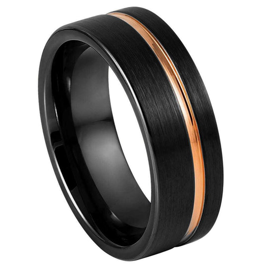 lack IP Brushed Pipe-cut Off-center Rose Gold IP Groove Tungsten Ring – 8 mm - Love Tungsten