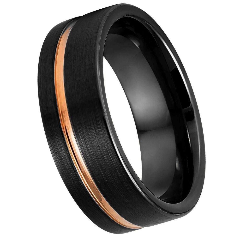 lack IP Brushed Pipe-cut Off-center Rose Gold IP Groove Tungsten Ring – 8 mm - Love Tungsten