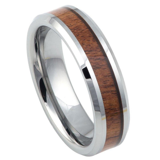 Mahogany Wood Inlay Beveled Edge Tungsten Ring - 6mm - Love Tungsten