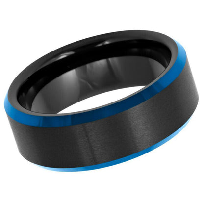 Men's Women's Blue Beveled Edged Black IP Tungsten Ring - 8mm - Love Tungsten