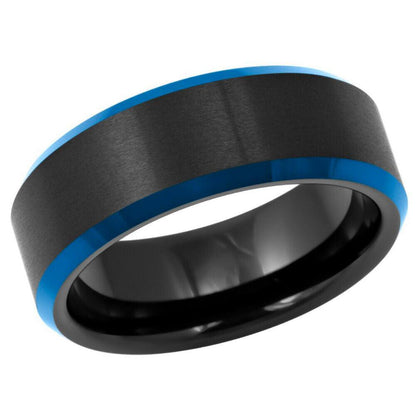 Men's Women's Blue Beveled Edged Black IP Tungsten Ring - 8mm - Love Tungsten