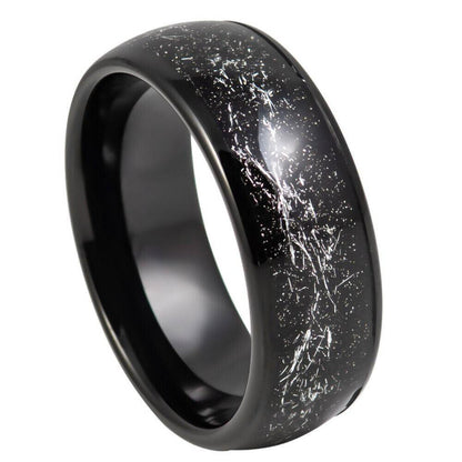 Metallic Meteorite Shavings With Black IP Inlay Domed Tungsten Ring - 8mm - Love Tungsten