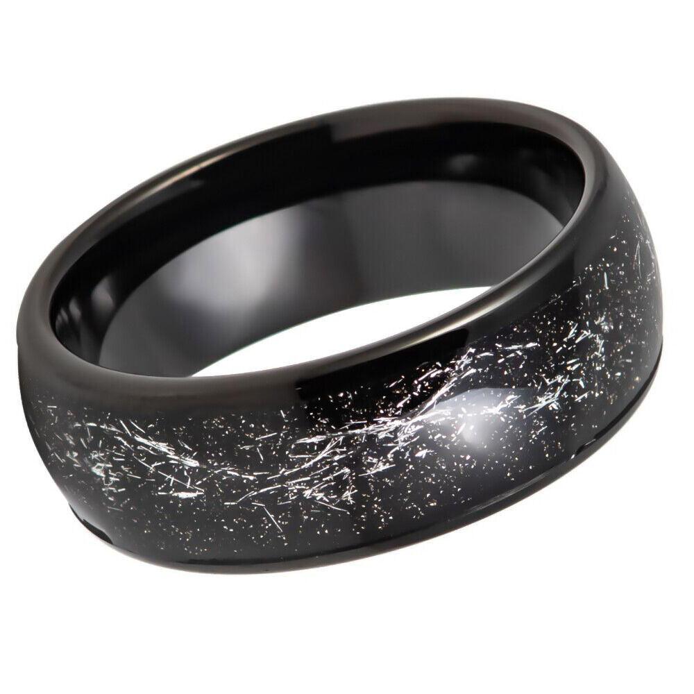 Metallic Meteorite Shavings With Black IP Inlay Domed Tungsten Ring - 8mm - Love Tungsten