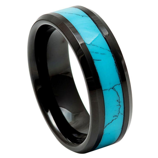 Natural Blue Turquoise Inlay Beveled Edge Black IP Tungsten Ring - 8mm - Love Tungsten