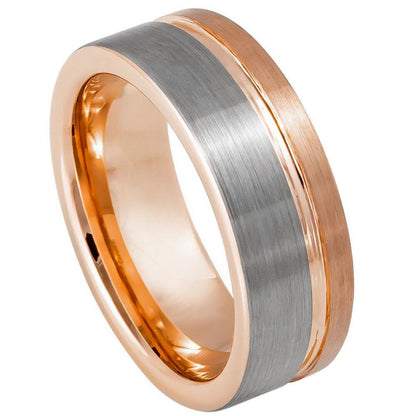 Off-Center Grooved Rose Gold IP Tungsten Ring - 8mm - Love Tungsten