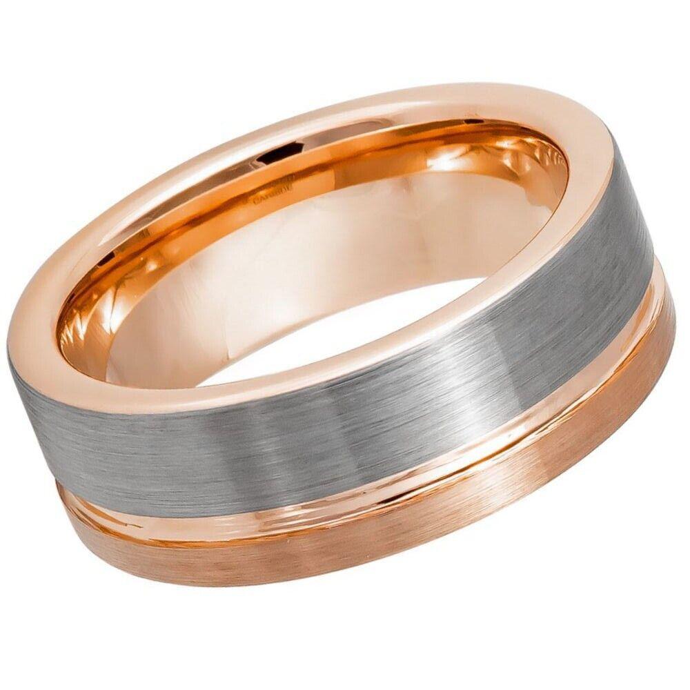 Off-Center Grooved Rose Gold IP Tungsten Ring - 8mm - Love Tungsten