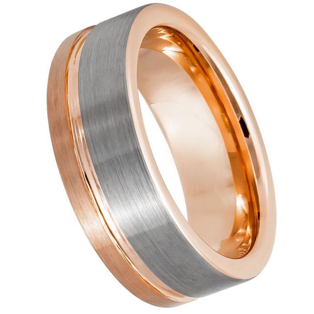 Off-Center Grooved Rose Gold IP Tungsten Ring - 8mm - Love Tungsten