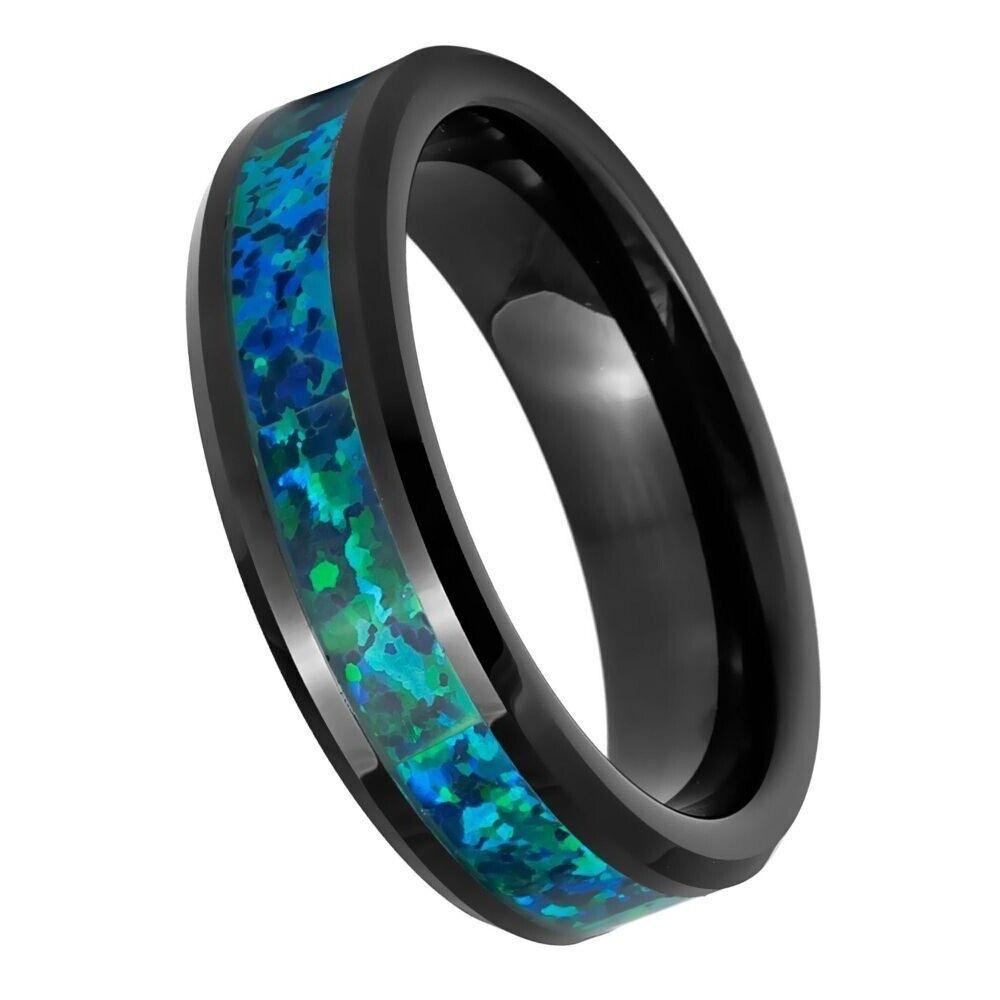 Opal Inlay Black IP Plated Tungsten Ring - 6mm - Love Tungsten