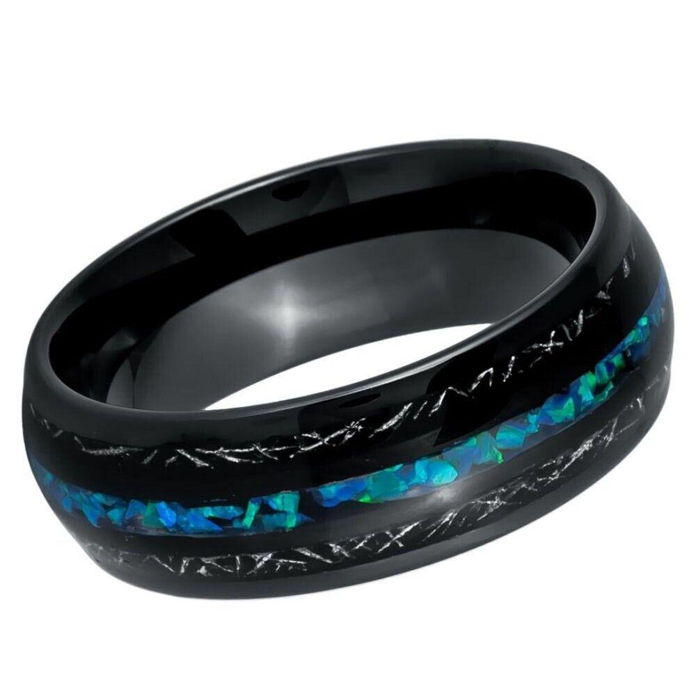 Opal Inlay Titanium Shavings & Dome Black IP Plated Tungsten Ring - 8mm - Love Tungsten