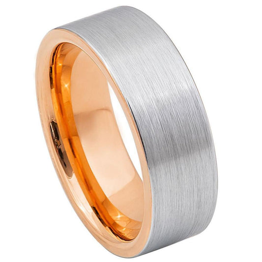 Pipe Cut Rose Gold IP Plated Inside White IP Brushed Tungsten Ring - 8mm - Love Tungsten