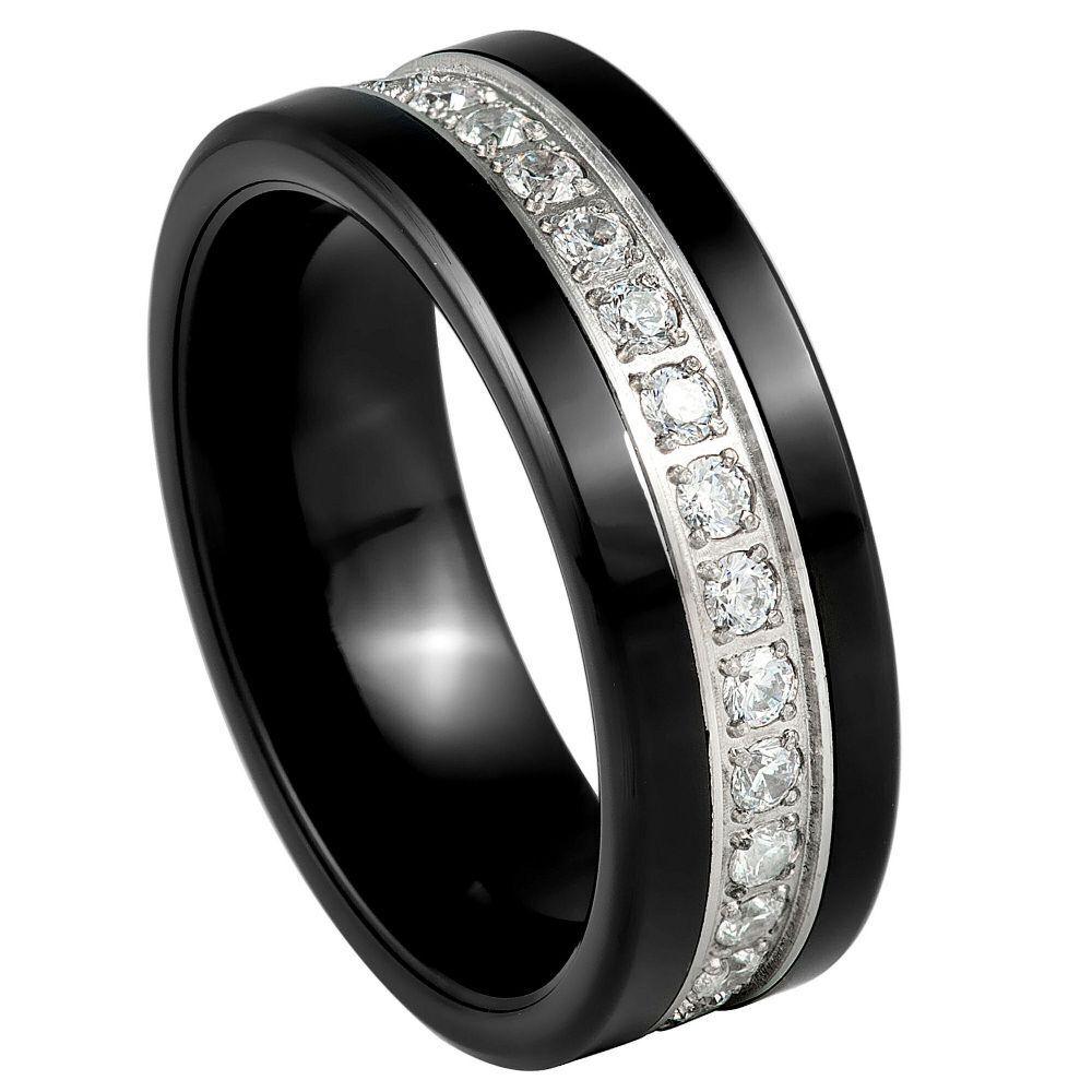 Prong-Set White CZ Eternity Black IP Tungsten Ring - 8mm - Love Tungsten